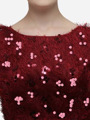 Women's Sequences Red Silk Blouse With Boat Neck 4