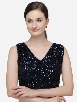 Women's Sequences Navy Blue Velvet Blouse With V Neck 1
