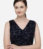 Women's Sequences Navy Blue Velvet Blouse With V Neck