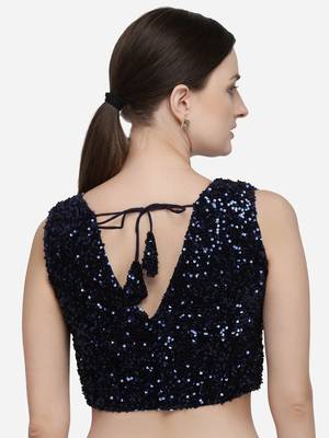 Women's Sequences Navy Blue Velvet Blouse With V Neck 2