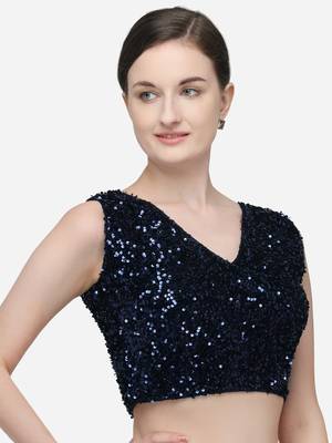 Women's Sequences Navy Blue Velvet Blouse With V Neck 3