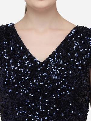 Women's Sequences Navy Blue Velvet Blouse With V Neck 4