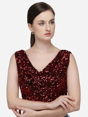 Women's Sequences Red Velvet Blouse With V Neck 1