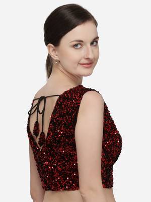 Women's Sequences Red Velvet Blouse With V Neck 2