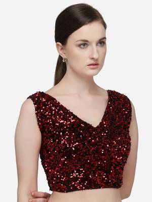 Women's Sequences Red Velvet Blouse With V Neck 3