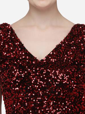 Women's Sequences Red Velvet Blouse With V Neck 4