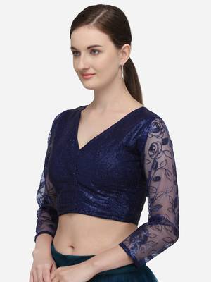 Women's Sequences Blue Phantom Silk Blouse With V Neck 3