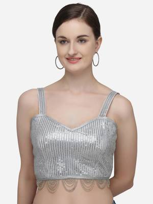 Women's Sequences Silver Silk Blouse With V Neck 1