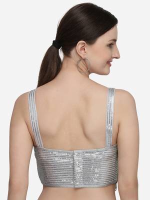 Women's Sequences Silver Silk Blouse With V Neck 2