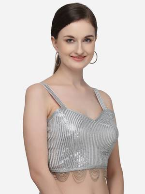 Women's Sequences Silver Silk Blouse With V Neck 3