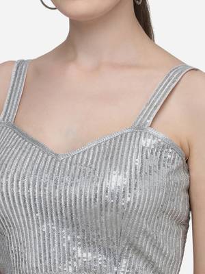 Women's Sequences Silver Silk Blouse With V Neck 4