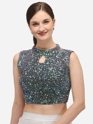 Women's Sequence Work Grey Velvet Blouse With Collar Neck 1