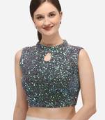 Women's Sequence Work Grey Velvet Blouse With Collar Neck