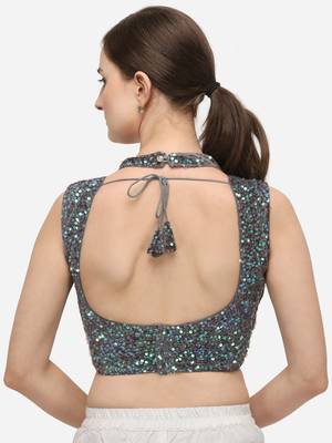 Women's Sequence Work Grey Velvet Blouse With Collar Neck 2