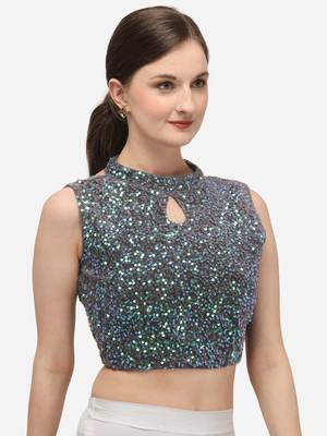 Women's Sequence Work Grey Velvet Blouse With Collar Neck 3