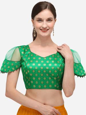 Women'S Jacquard Green Blouse With V Neck 1