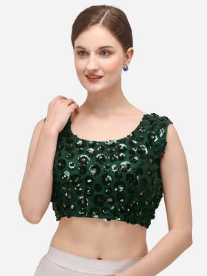 Women's Embroidered & Sequence Work Net Green Blouse With Round Neck 1