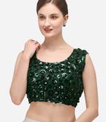 Women's Embroidered & Sequence Work Net Green Blouse With Round Neck