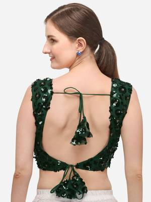 Women's Embroidered & Sequence Work Net Green Blouse With Round Neck 2
