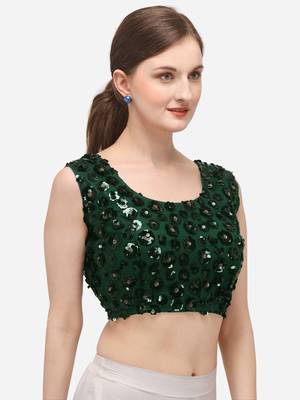 Women's Embroidered & Sequence Work Net Green Blouse With Round Neck 3