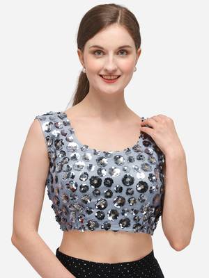 Women's Embroidered & Sequence Work Net Grey Blouse With Round Neck 1