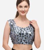 Women's Embroidered & Sequence Work Net Grey Blouse With Round Neck