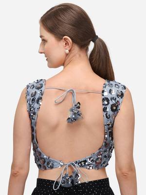 Women's Embroidered & Sequence Work Net Grey Blouse With Round Neck 2