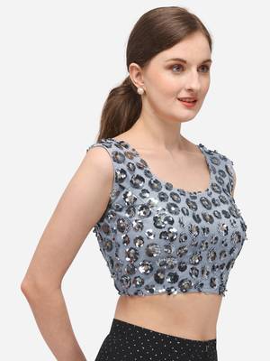 Women's Embroidered & Sequence Work Net Grey Blouse With Round Neck 3