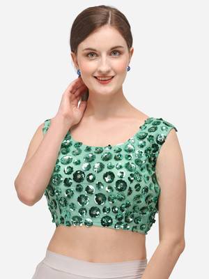 Women's Embroidered & Sequence Work Net Light Green Blouse With Round Neck 1