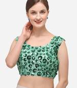 Women's Embroidered & Sequence Work Net Light Green Blouse With Round Neck