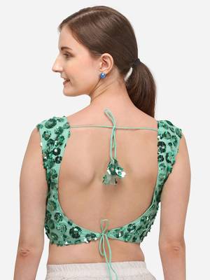 Women's Embroidered & Sequence Work Net Light Green Blouse With Round Neck 2