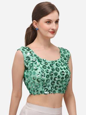 Women's Embroidered & Sequence Work Net Light Green Blouse With Round Neck 3