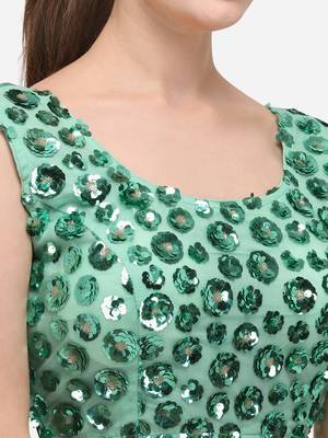 Women's Embroidered & Sequence Work Net Light Green Blouse With Round Neck 4