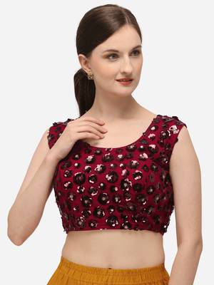 Women's Embroidered & Sequence Work Net Maroon Blouse With Round Neck 1