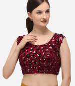 Women's Embroidered & Sequence Work Net Maroon Blouse With Round Neck