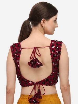 Women's Embroidered & Sequence Work Net Maroon Blouse With Round Neck 2