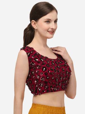 Women's Embroidered & Sequence Work Net Maroon Blouse With Round Neck 3