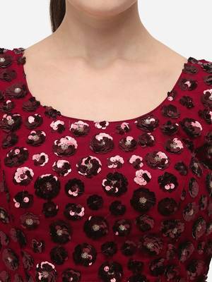 Women's Embroidered & Sequence Work Net Maroon Blouse With Round Neck 4