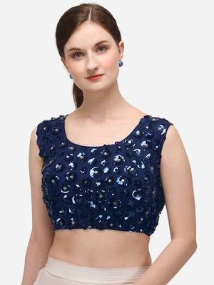 Women's Embroidered & Sequence Work Net Navy Blue Blouse With Round Neck 1