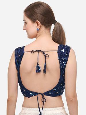 Women's Embroidered & Sequence Work Net Navy Blue Blouse With Round Neck 2