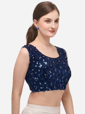 Women's Embroidered & Sequence Work Net Navy Blue Blouse With Round Neck 3
