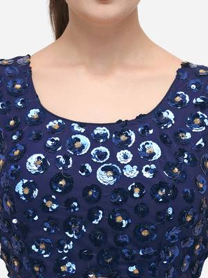 Women's Embroidered & Sequence Work Net Navy Blue Blouse With Round Neck 4