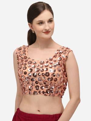 Women's Embroidered & Sequence Work Net Peach Blouse With Round Neck 1