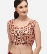 Women's Embroidered & Sequence Work Net Peach Blouse With Round Neck