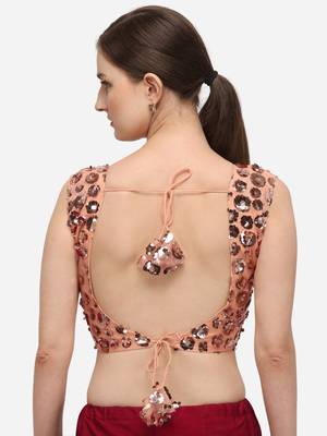 Women's Embroidered & Sequence Work Net Peach Blouse With Round Neck 2