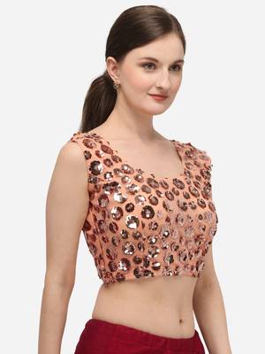 Women's Embroidered & Sequence Work Net Peach Blouse With Round Neck 3
