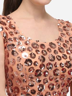 Women's Embroidered & Sequence Work Net Peach Blouse With Round Neck 4