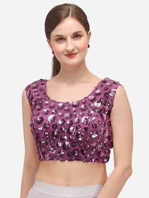 Women's Embroidered & Sequence Work Net Purple Blouse With Round Neck 1