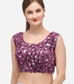 Women's Embroidered & Sequence Work Net Purple Blouse With Round Neck
