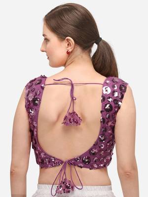 Women's Embroidered & Sequence Work Net Purple Blouse With Round Neck 2